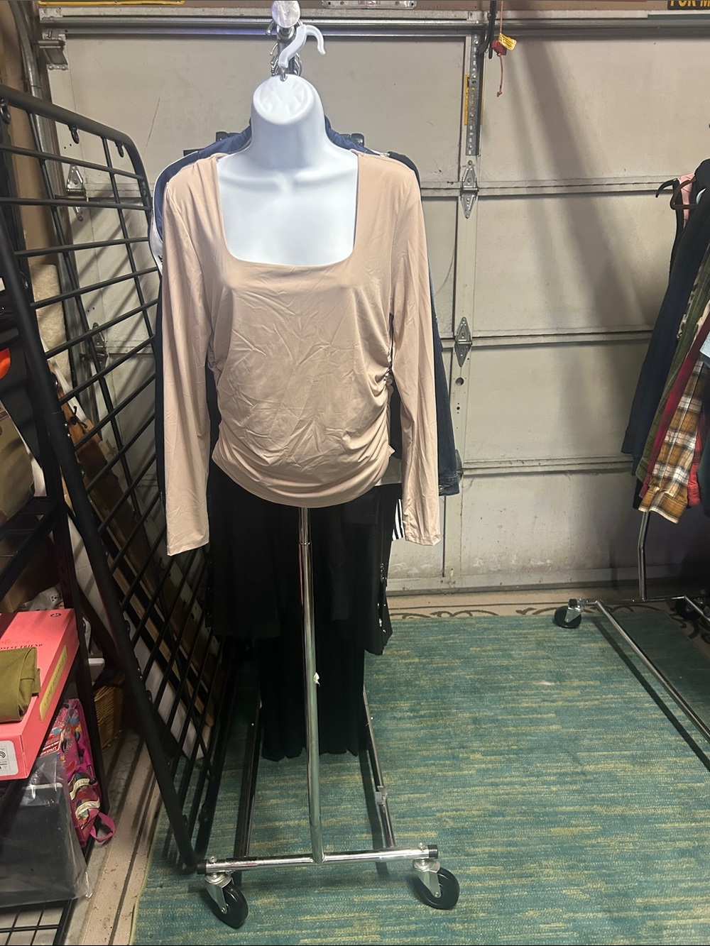 Pink Rose Long Sleeve Square Neck Top - Beige